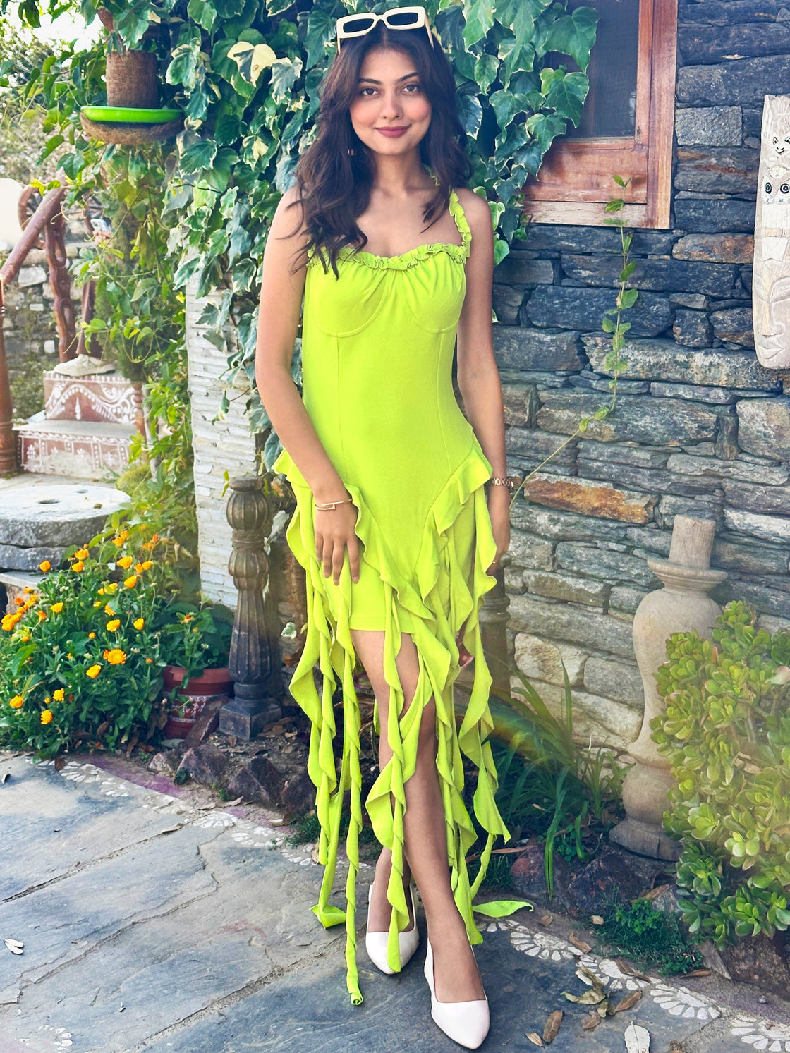TANDUL Vibrant Neon Green Frills Dress