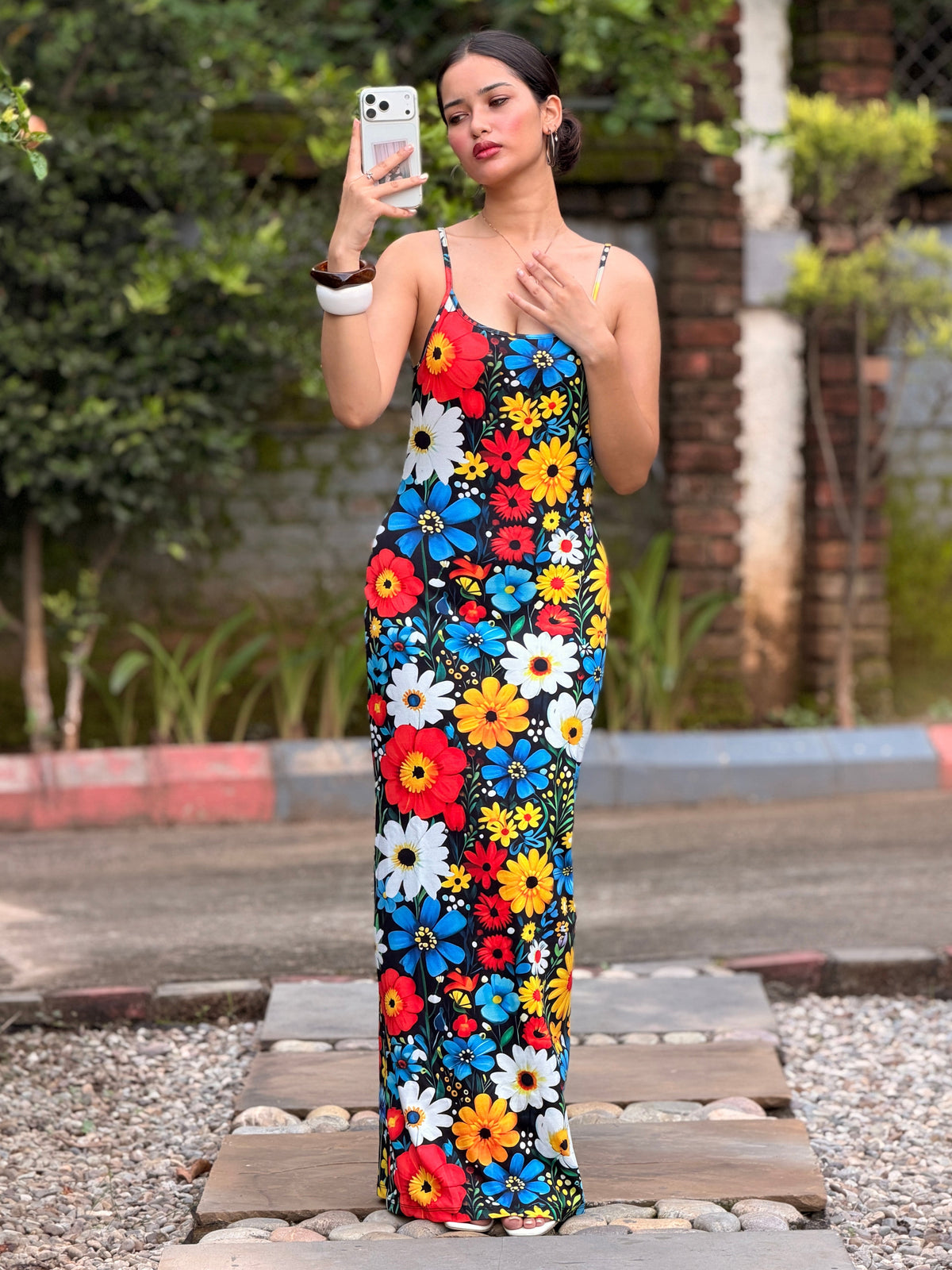 TANDUL Women Retro Multicolor Daisy Print Maxi Dress