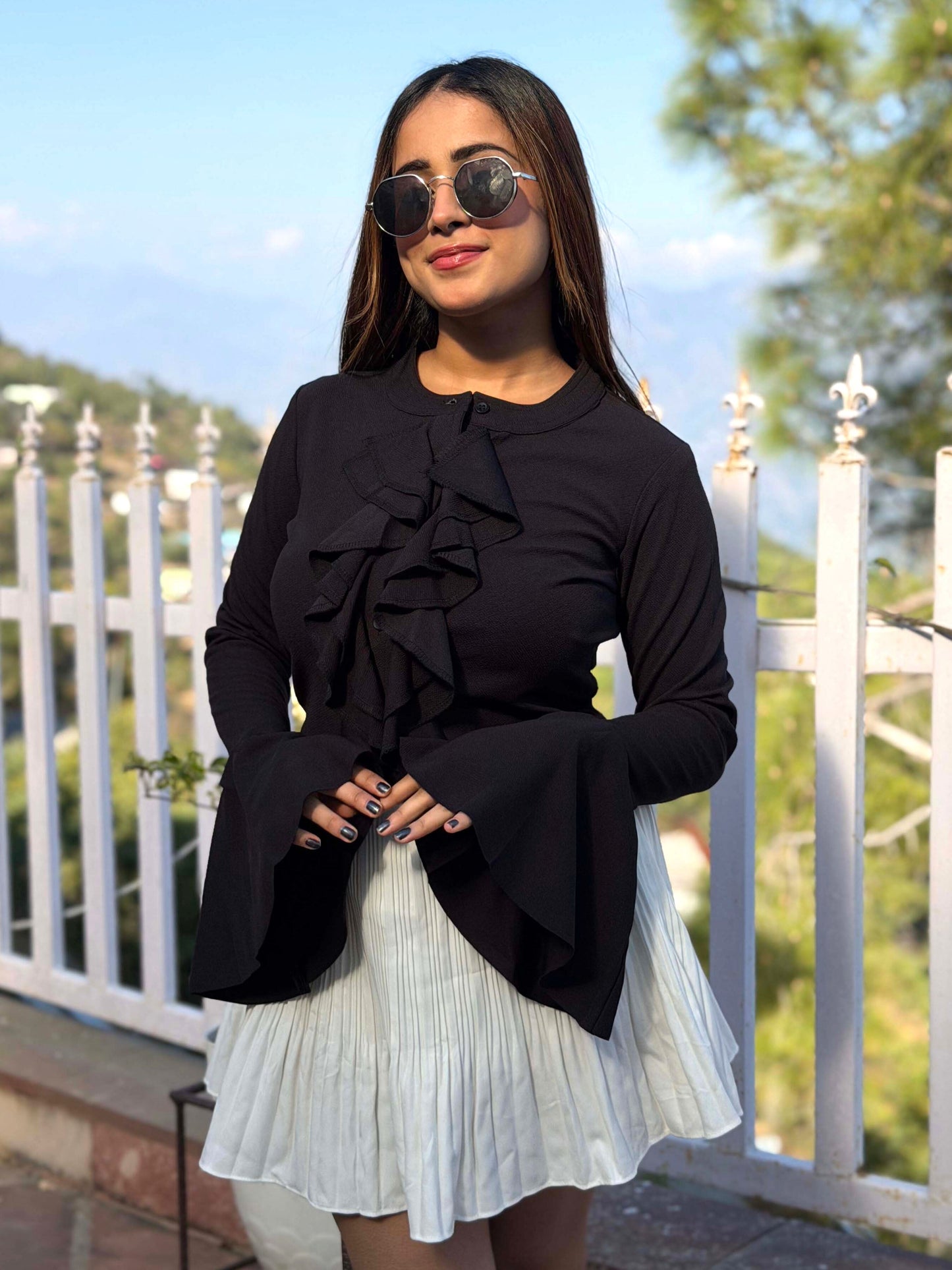 TANDUL Women Elegant Black Ruffle Top