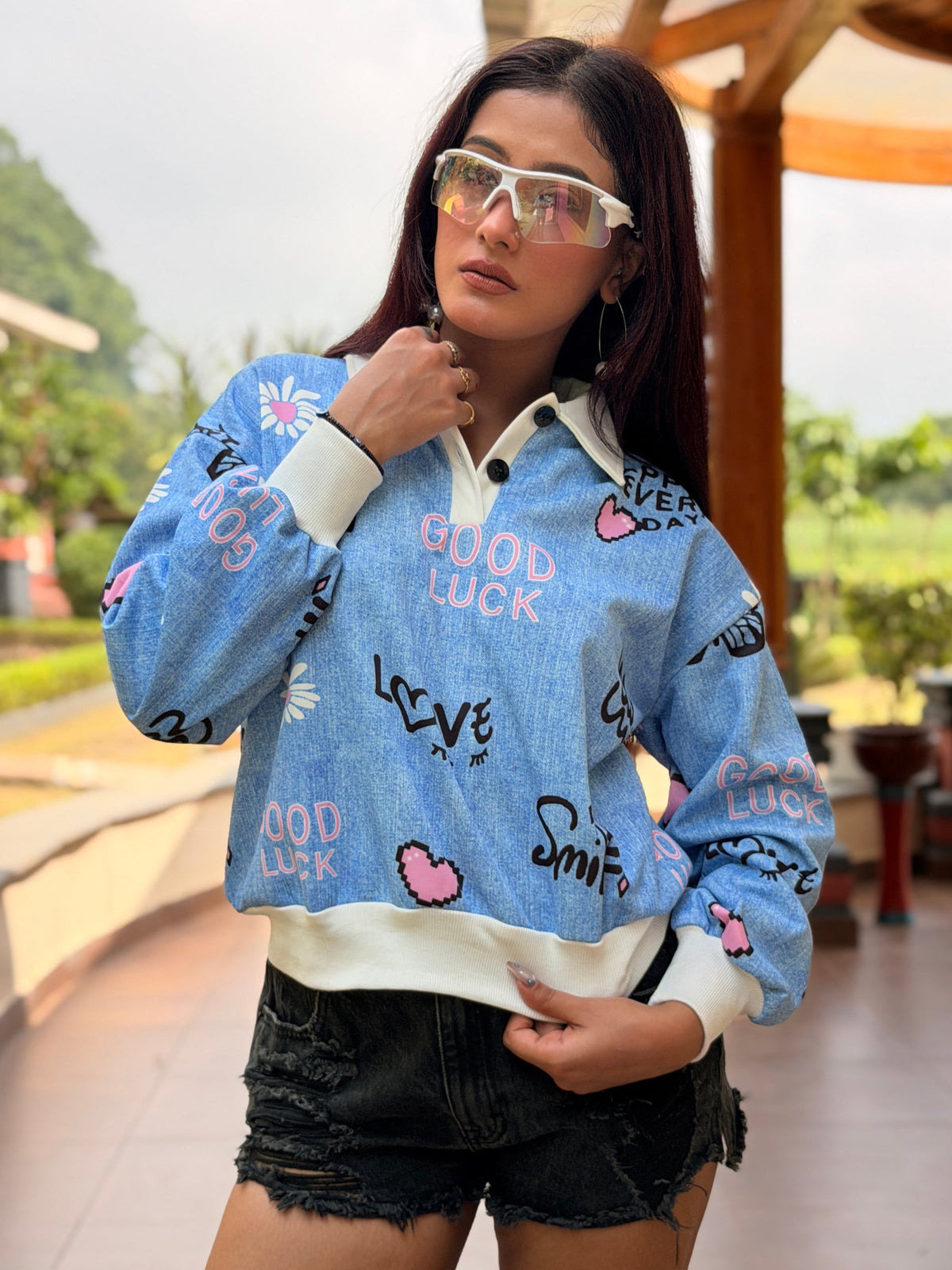 TANDUL Women Light Blue Denim-Print Polo Sweatshirt