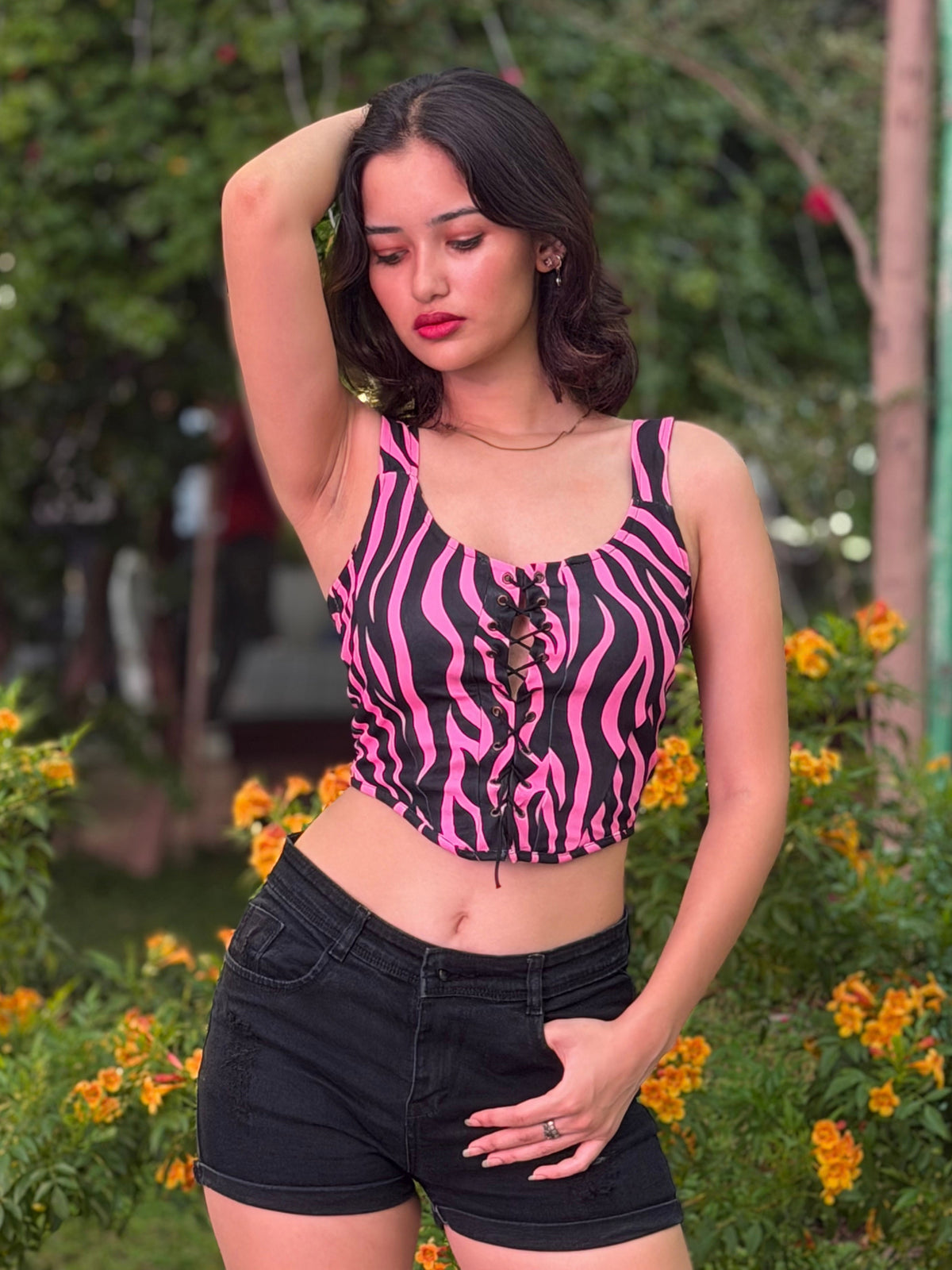 TANDUL Women Pink Zebra Lace-Up Crop Top