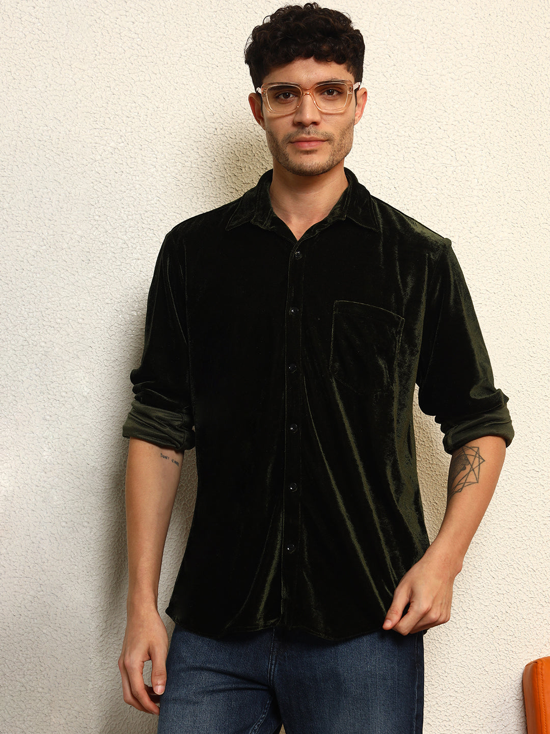 TANDUL Mens's Alluring Green Velvet Shirt