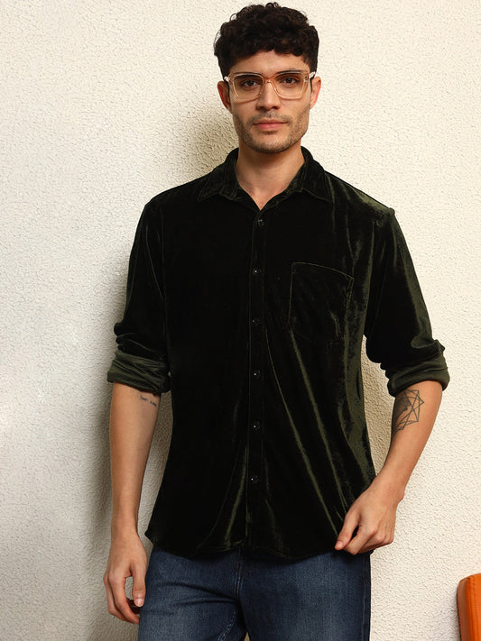 TANDUL Mens's Alluring Green Velvet Shirt