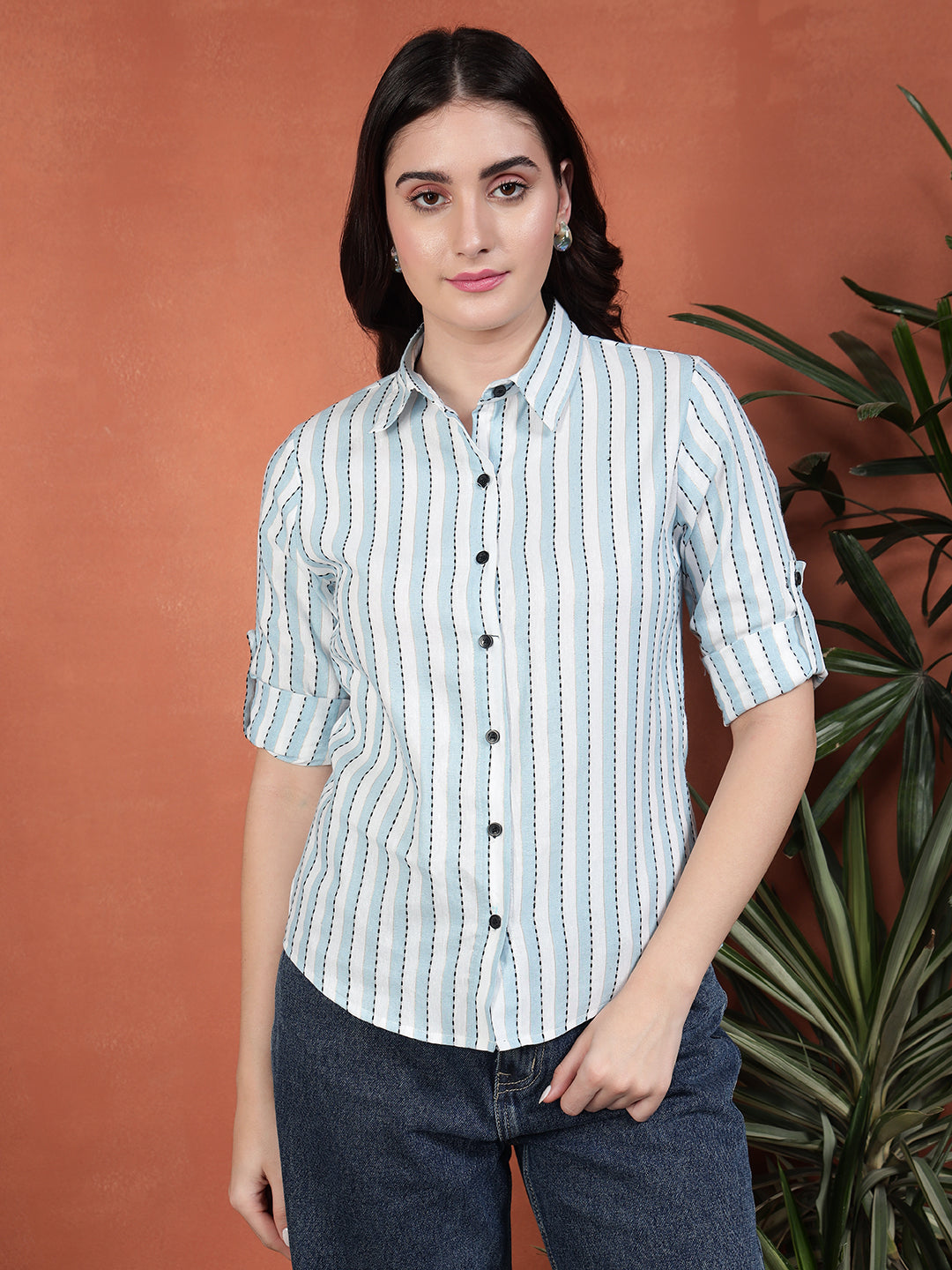 TANDUL Women Stylish Blue and White Striped Shirt