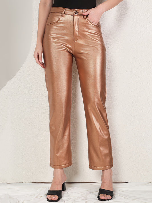 TANDUL  Women Regular Fit Brown Faux Leather Trousers