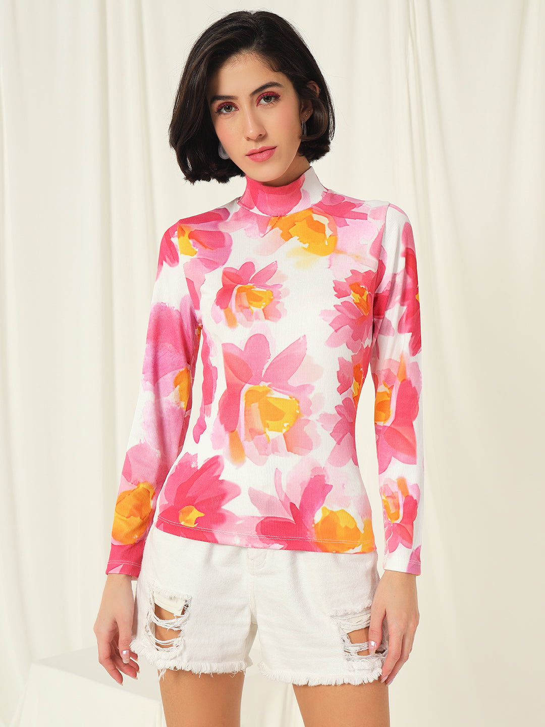 TANDUL  Women Floral Print High Neck White Sweater