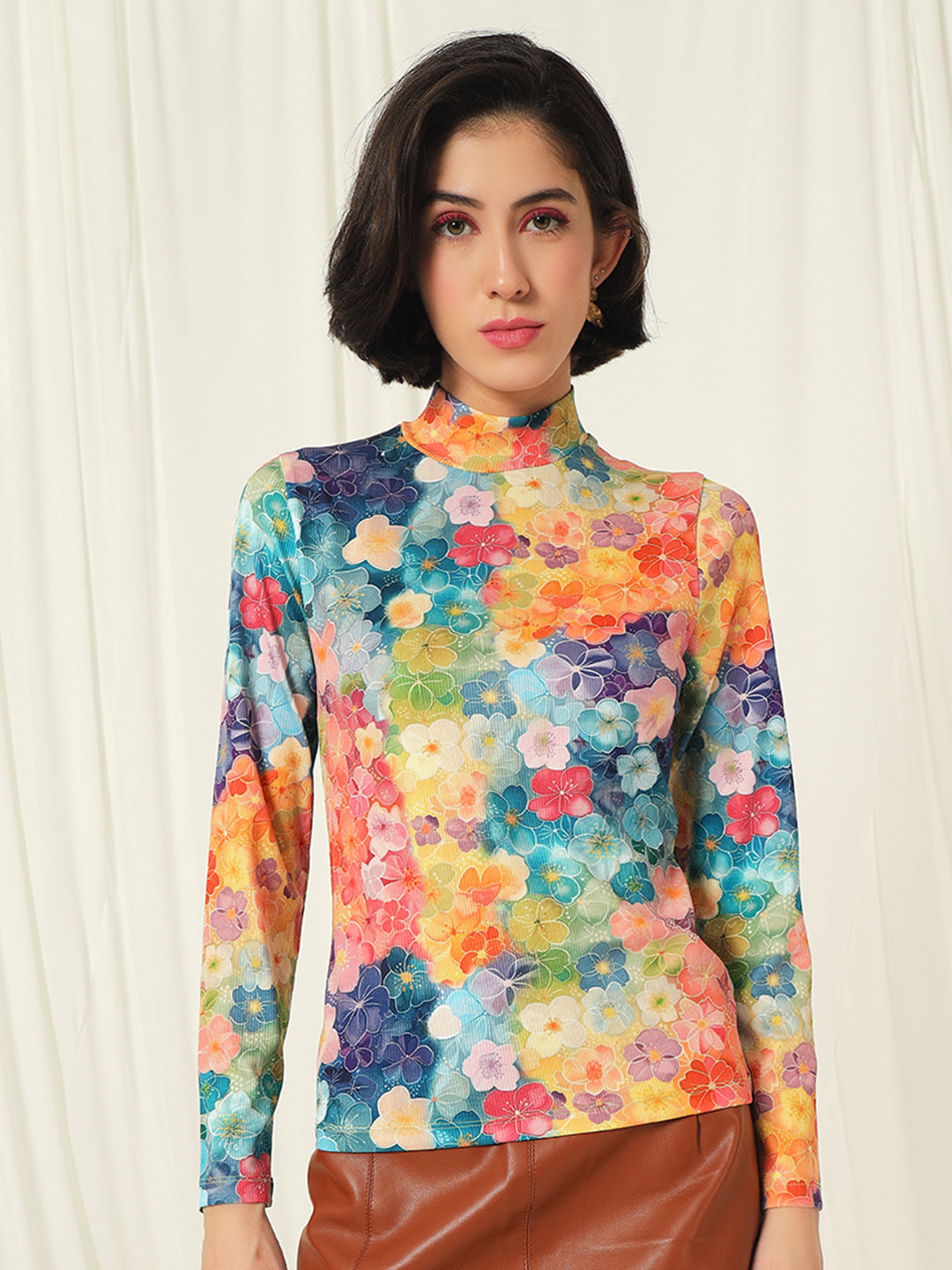 TANDUL  Women Floral Print High Neck Multicolor Sweater