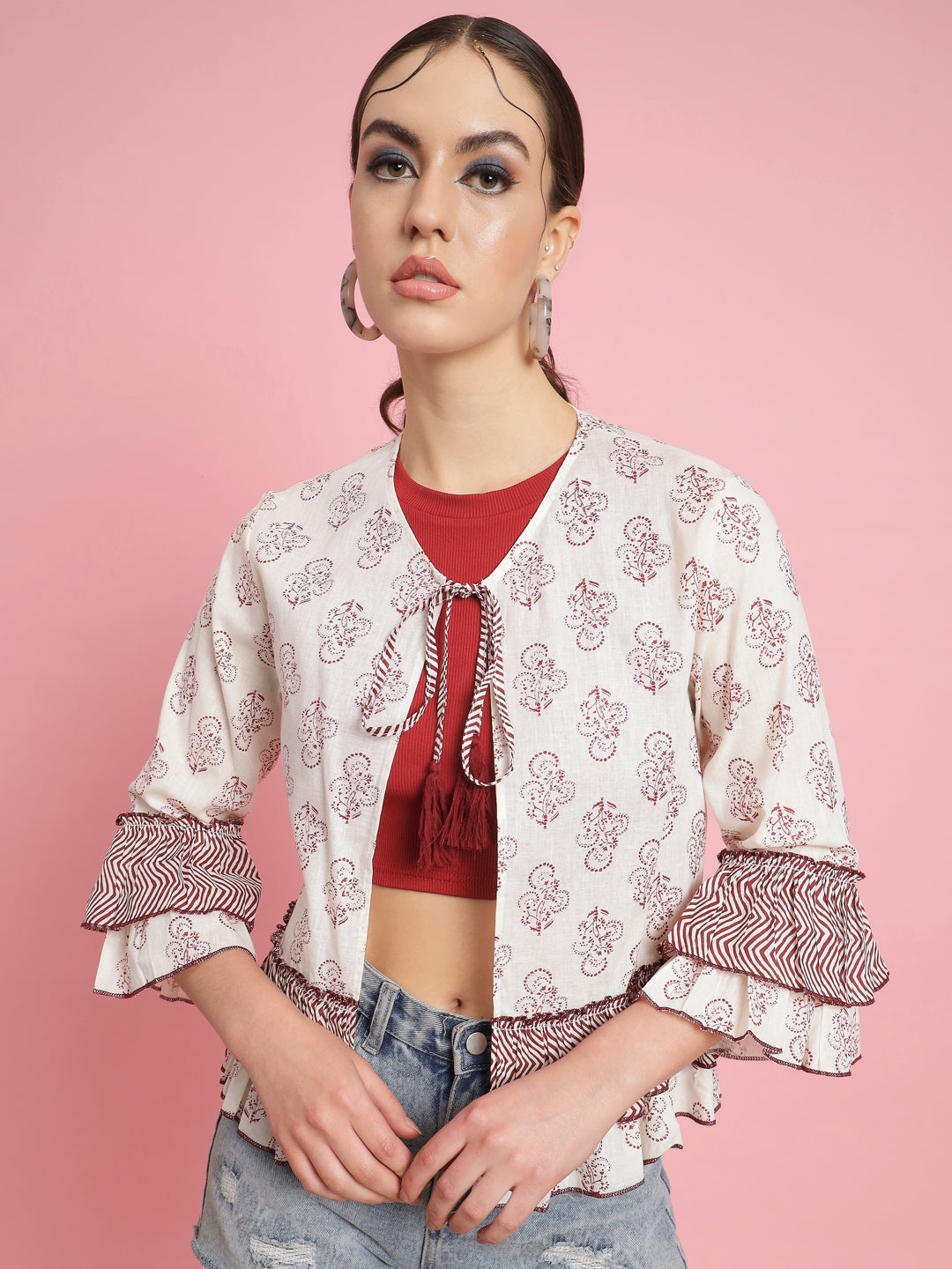 Casual Bell Sleeves Printed Women Multicolor Top