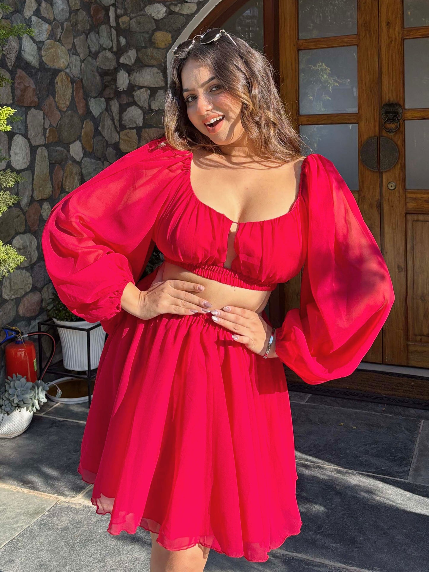 TANDUL Women Stunning Red Georgette Co-ord Set