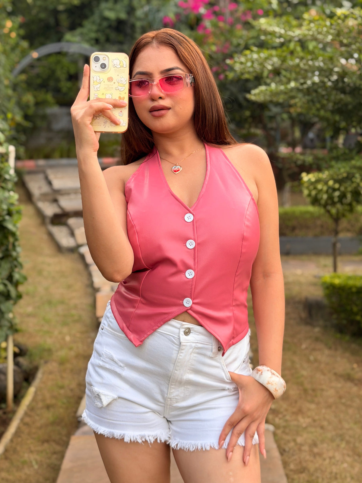 TANDUL Women Barbiecore Pink Halter Neck Waistcoat