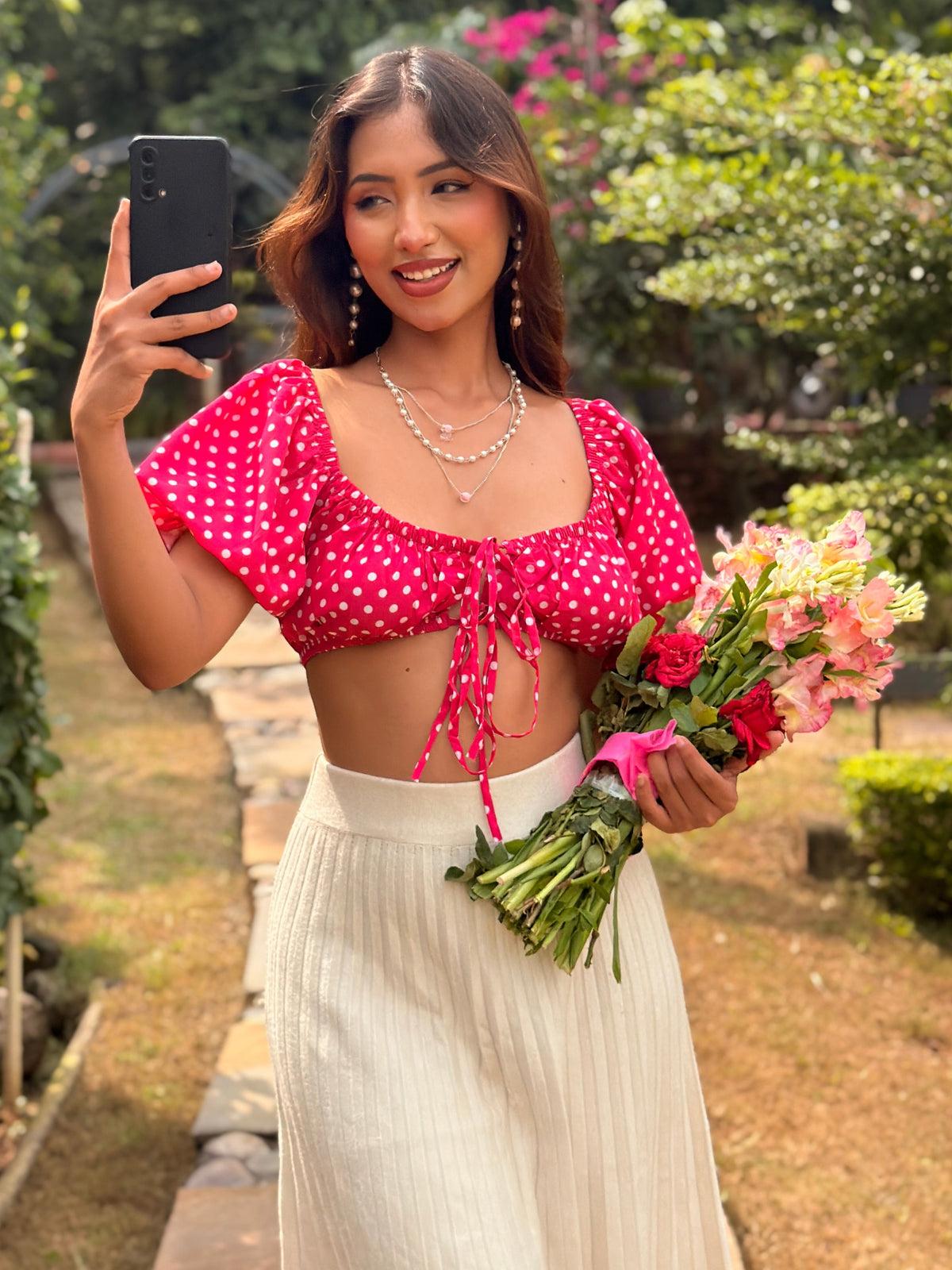 TANDUL Women Hot Pink Polka Dot Puff Sleeve Crop Top