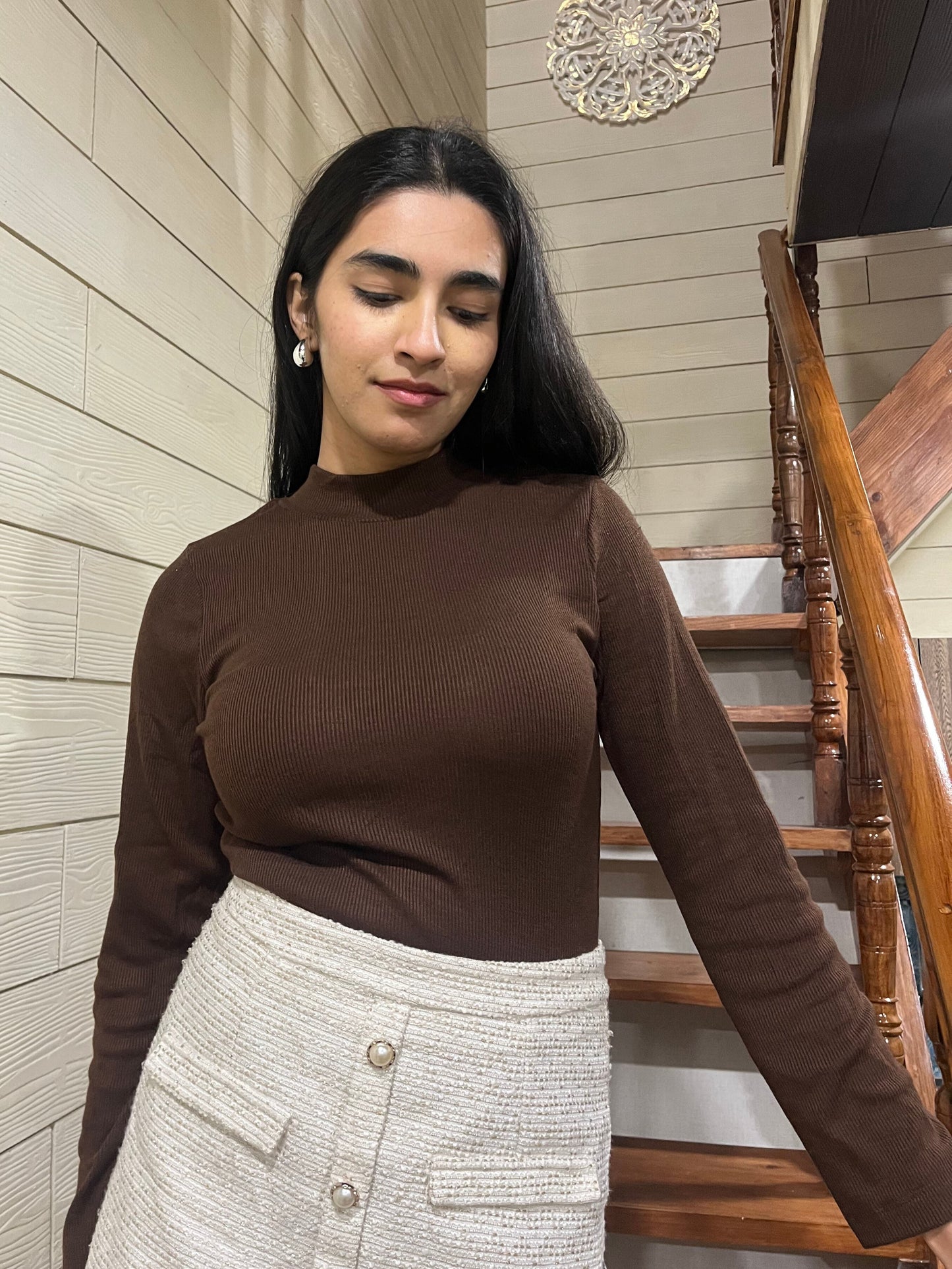 TANDUL Women Solid High Neck Brown Sweater