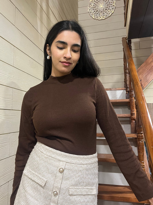 TANDUL Women Solid High Neck Brown Sweater