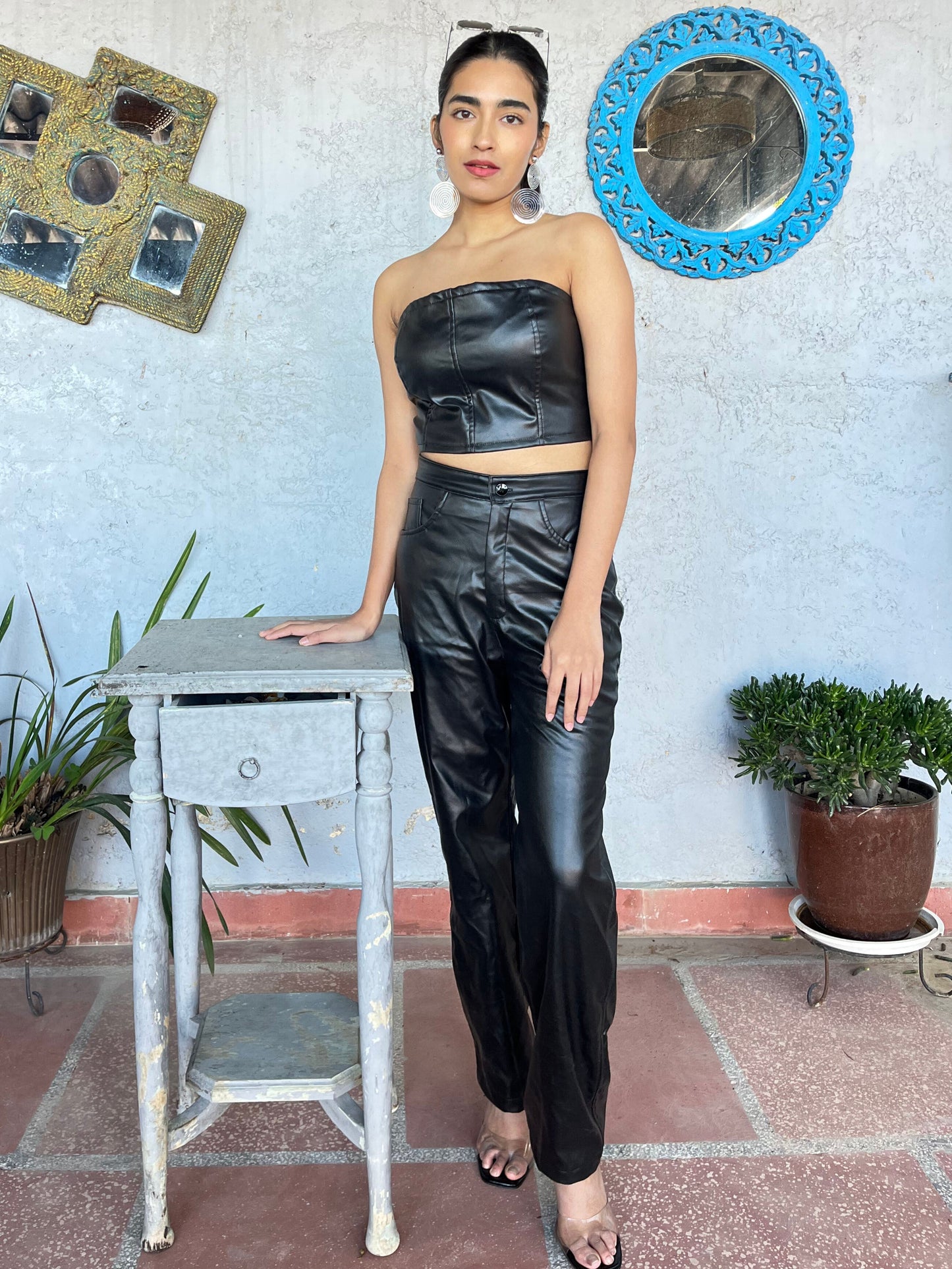 TANDUL Women Stunning Black Leather Co-ord Set