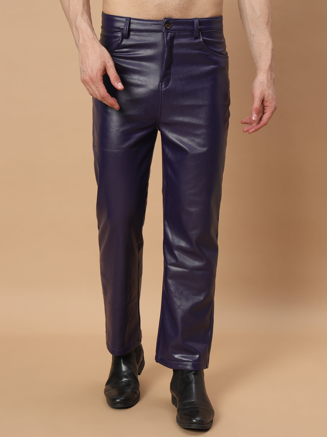 TANDUL  Men Regular Fit Purple Faux Leather Trousers