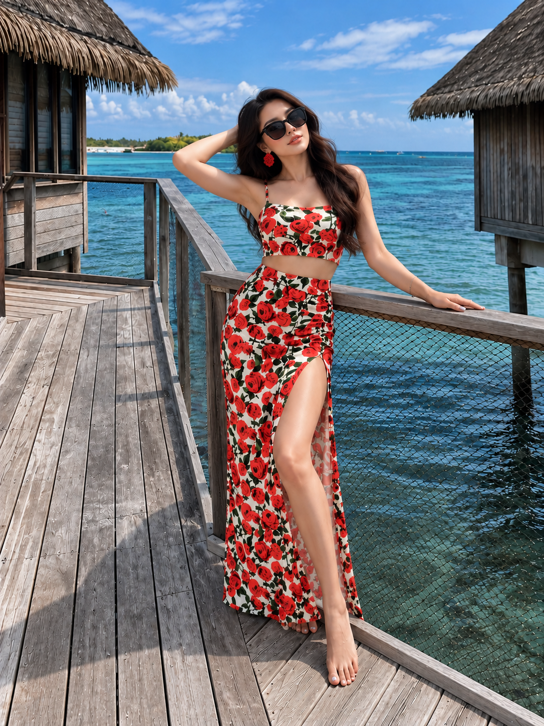 TANDUL Womekn Red Rose Print Crop Top & Ruched High-Slit Maxi Skirt Set