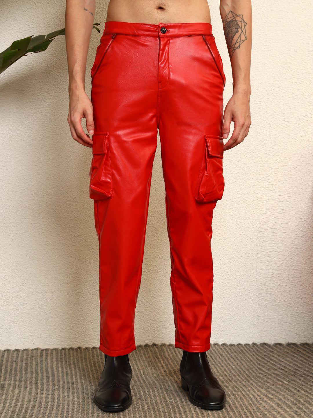 TANDUL  Men Regular Fit Red Faux Leather Trousers