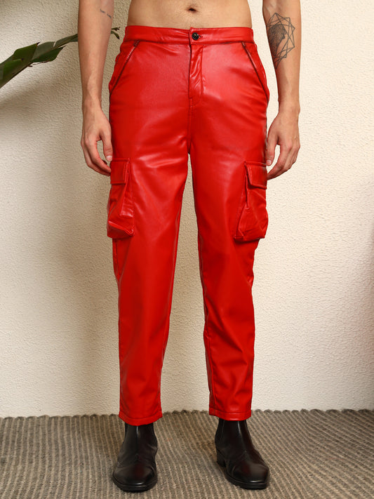TANDUL  Men Regular Fit Red Faux Leather Trousers