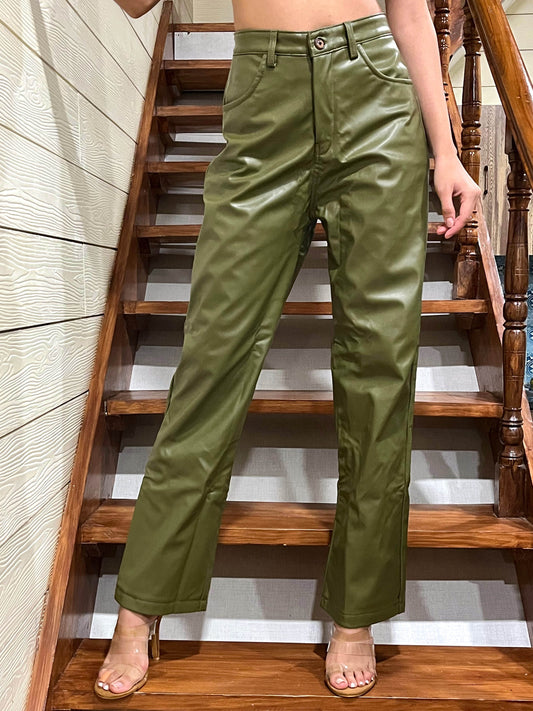 TANDUL Women Regular Fit Olive Green Leather Trousers