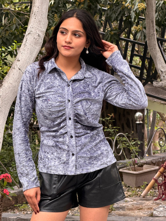 TANDUL Women Casual Ruched Solid Grey Shirt