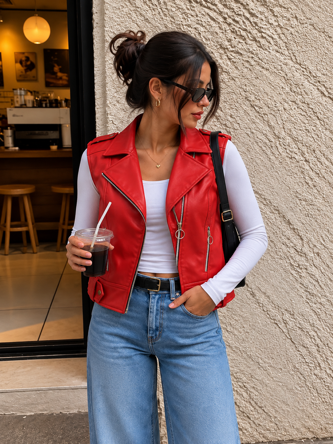TANDUL Women Vibrant Red Sleeveless Faux Leather Jacket