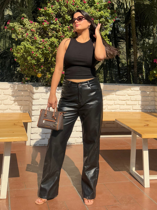 TANDUL  Women Regular Fit Black Faux Leather Trousers