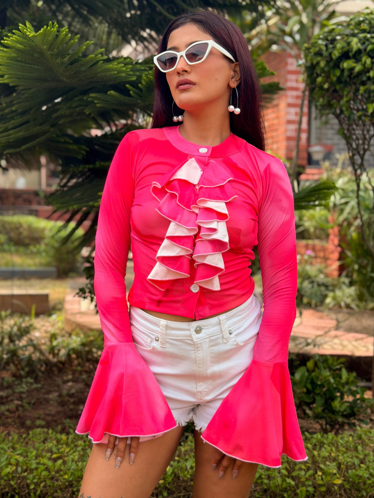 TANDUL Women Pink Tie-Dye Ruffle Button-Down Top with Bell Sleeves