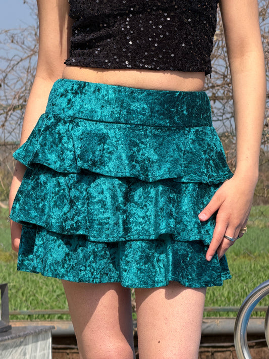TANDUL Women Exquisite Teal Blue Velvet Skirt