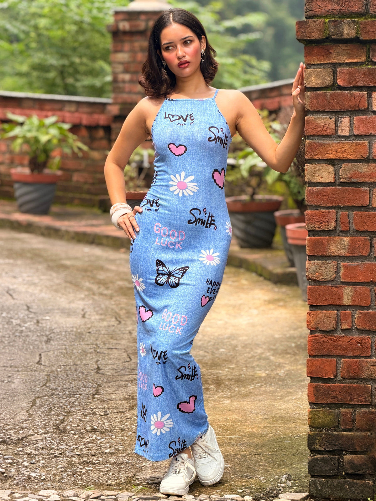 TANDUL Women's Sleeveless Halter Neck Printed Bodycon Maxi Dress