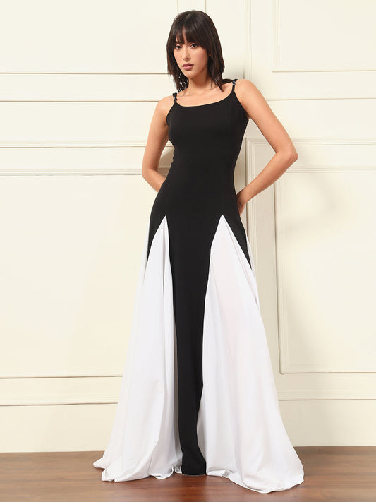 TANDUL Women Black and White Long Dress