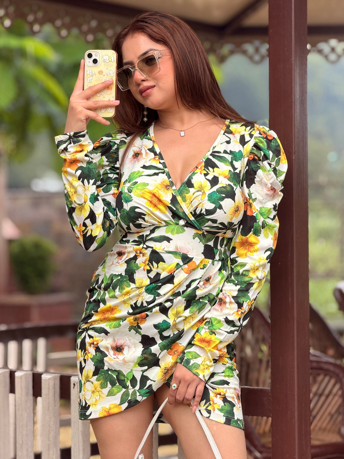 TANDUL Women Green and Yellow Floral Puff-Sleeve Mini Dress