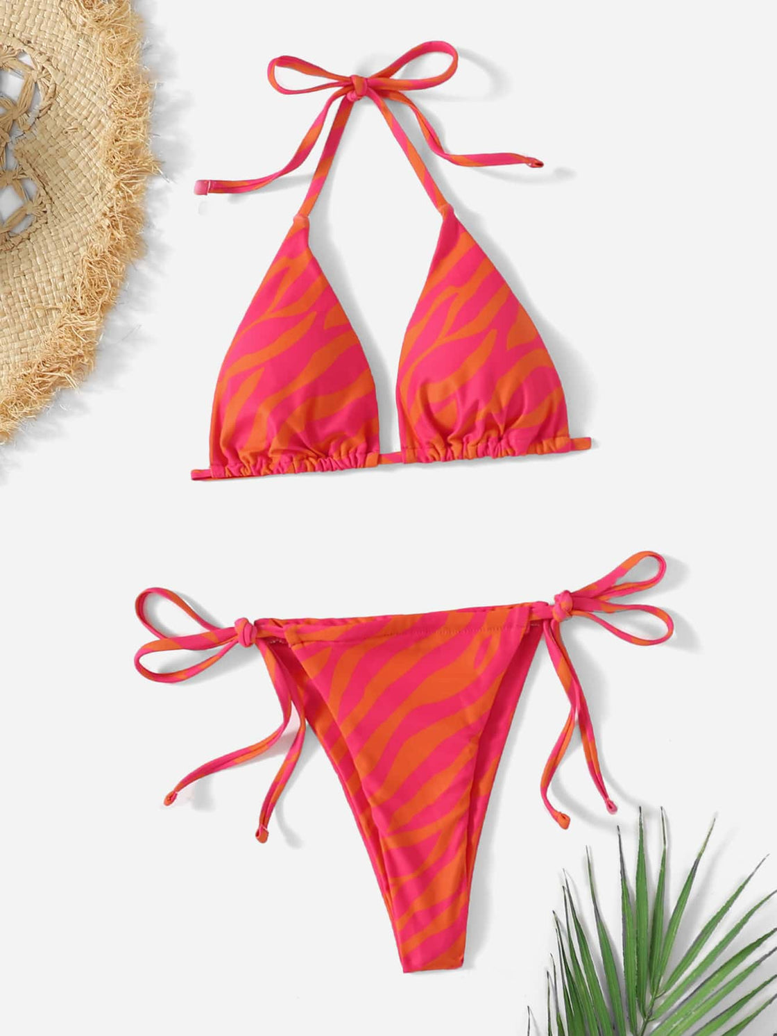 ELTIRE  Pink  Zebra Striped Pattern Thong Bikini