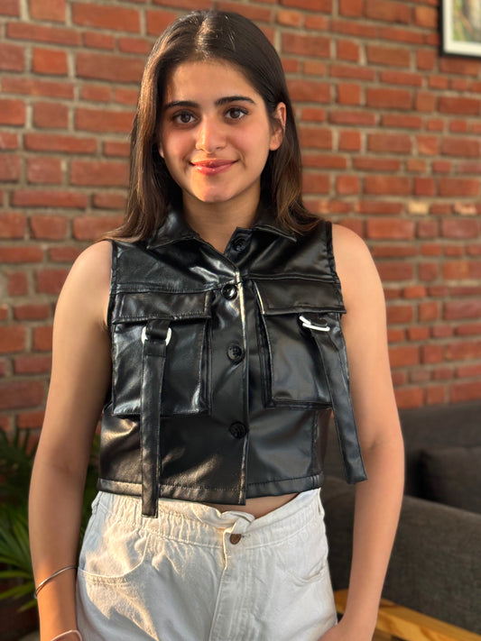 TANDUL Women Sleek Black Leather Crop Jacket