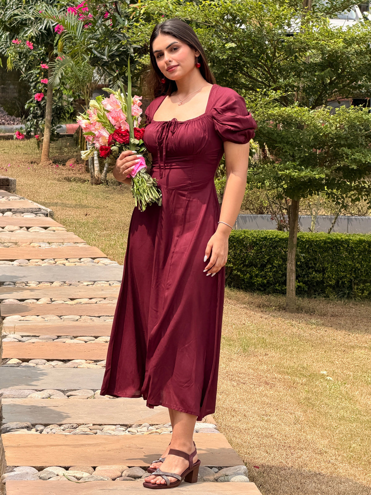 TANDUL Women Classic Wine Lace-Up Corset Midi Dress