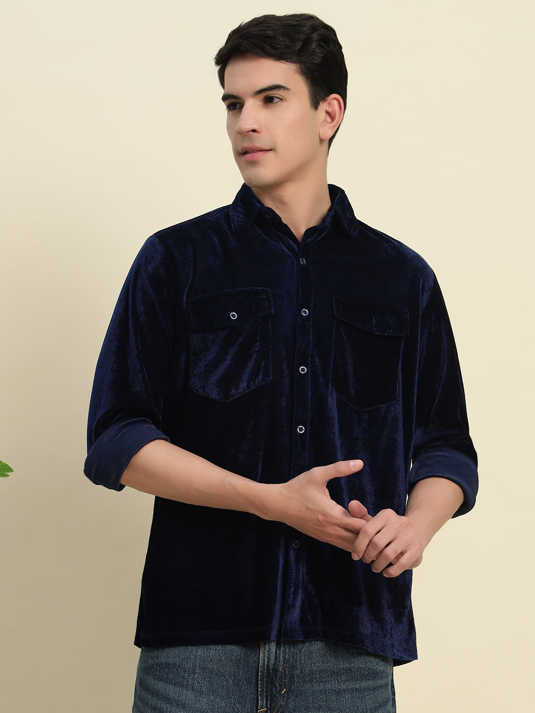 TANDUL Men's Blue Velvet Shirt