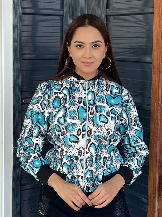TANDUL Women's Blue and Black Snake Print Bomber Jacket