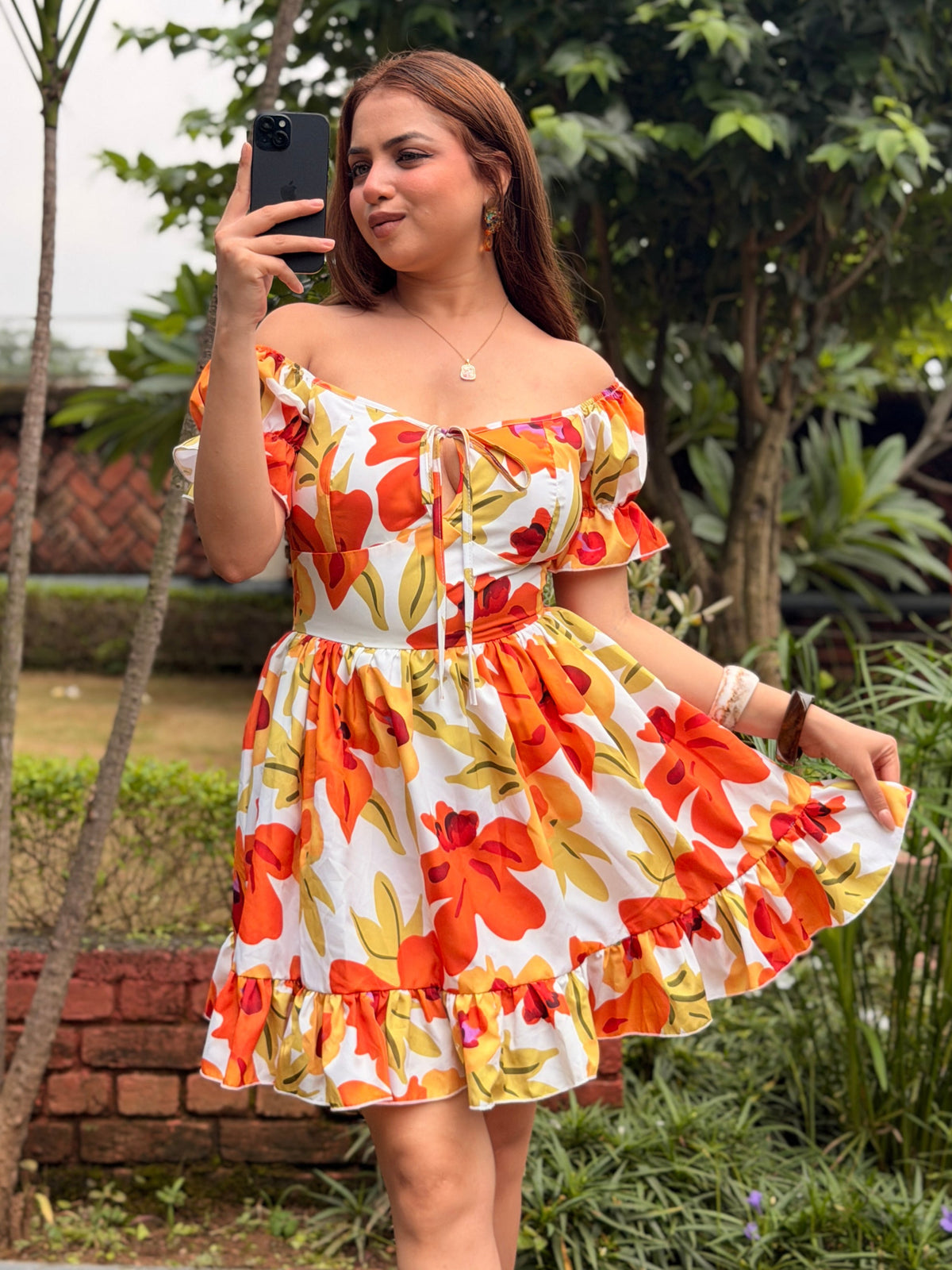 TANDUL Women's Vibrant Floral Off-the-Shoulder A-Line Mini Dress
