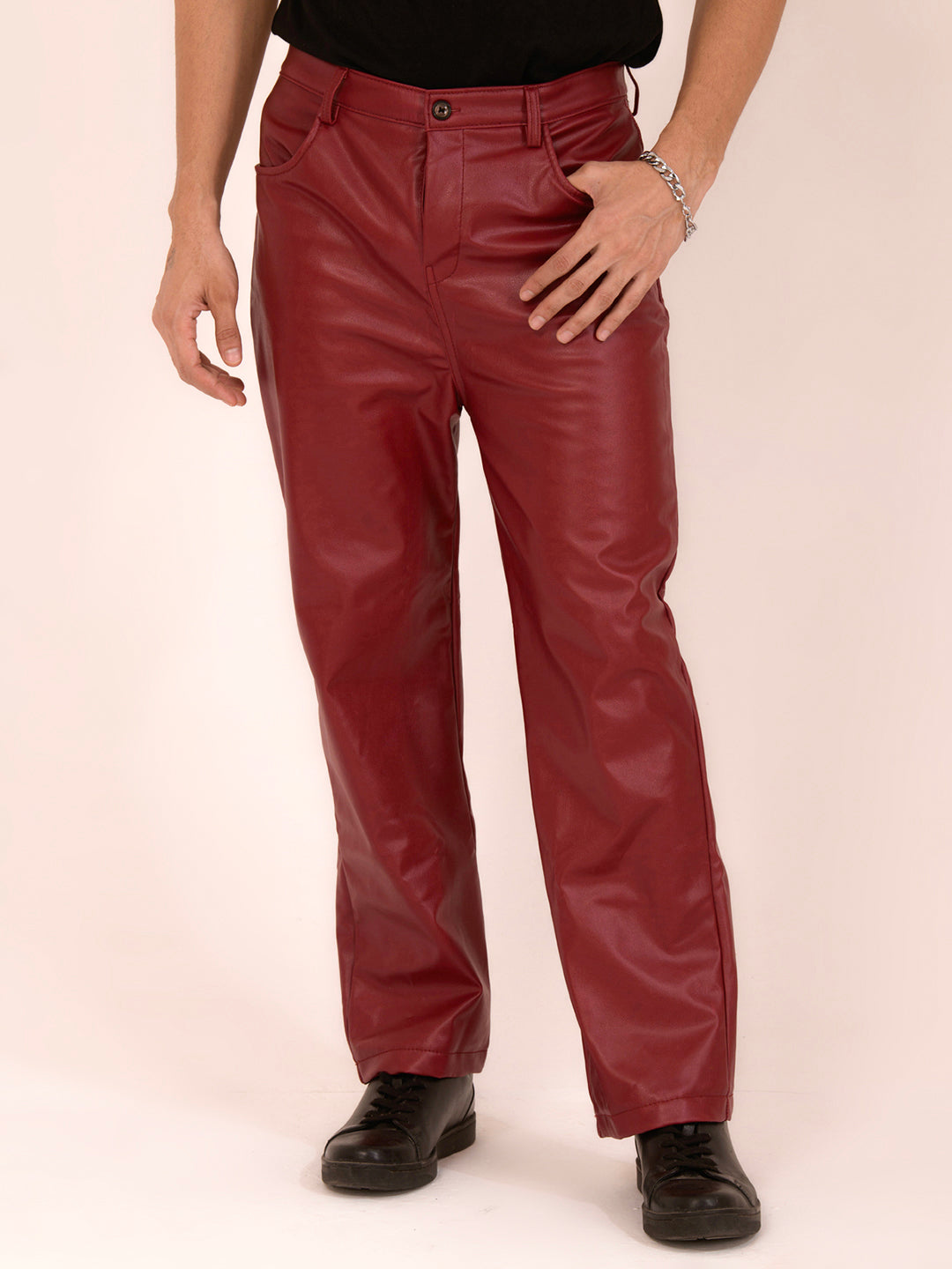 TANDUL  Men Regular Fit Maroon Faux Leather Trousers