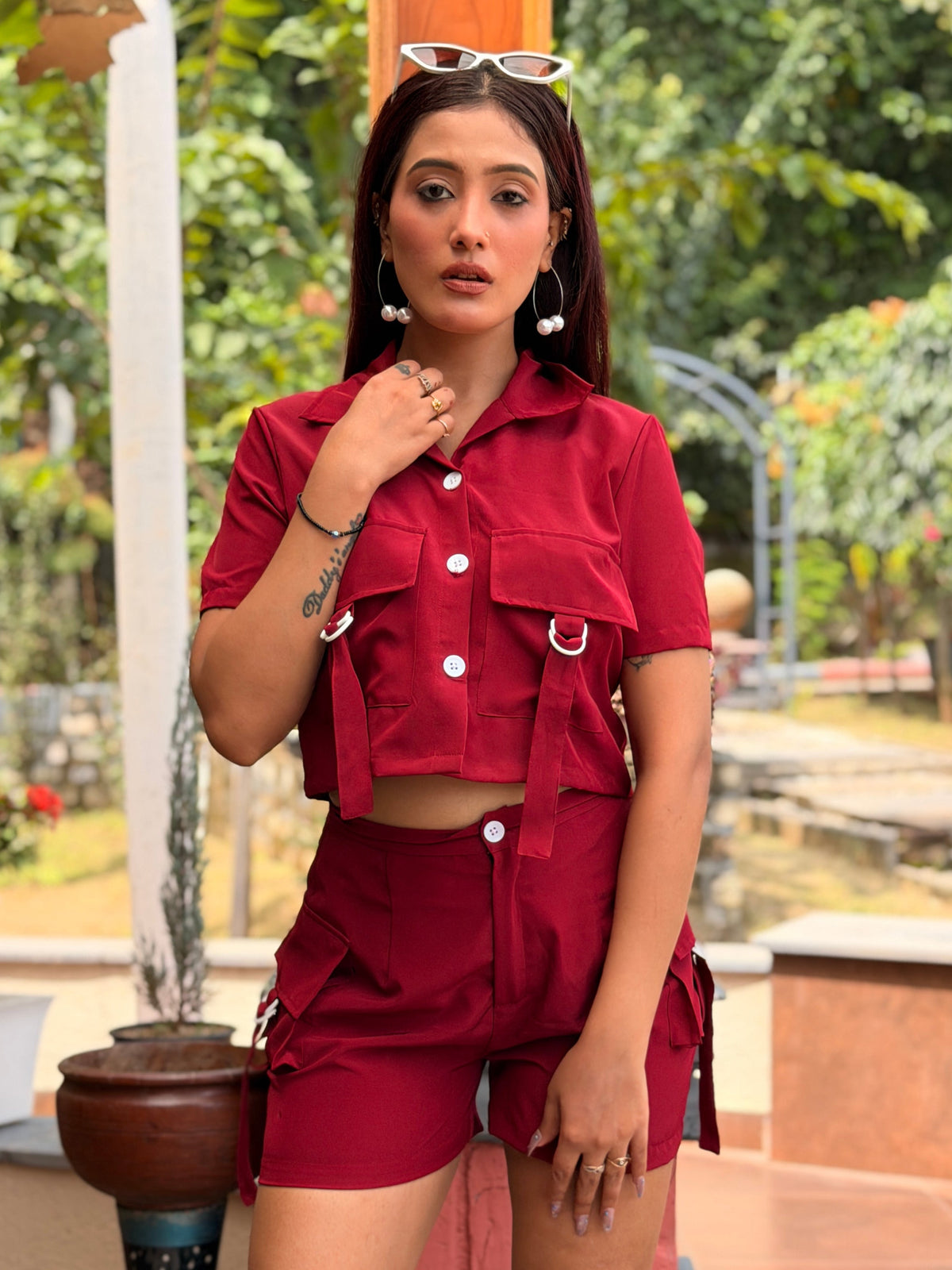 TANDUL Women's Burgundy Cargo Crop Shirt and Shorts Co-ord Set