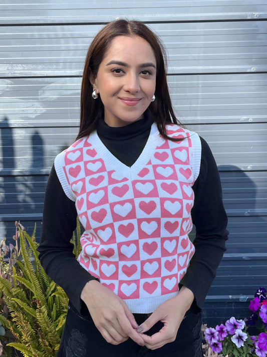 TANDUL Women Charming Pink and White Heart Sweater