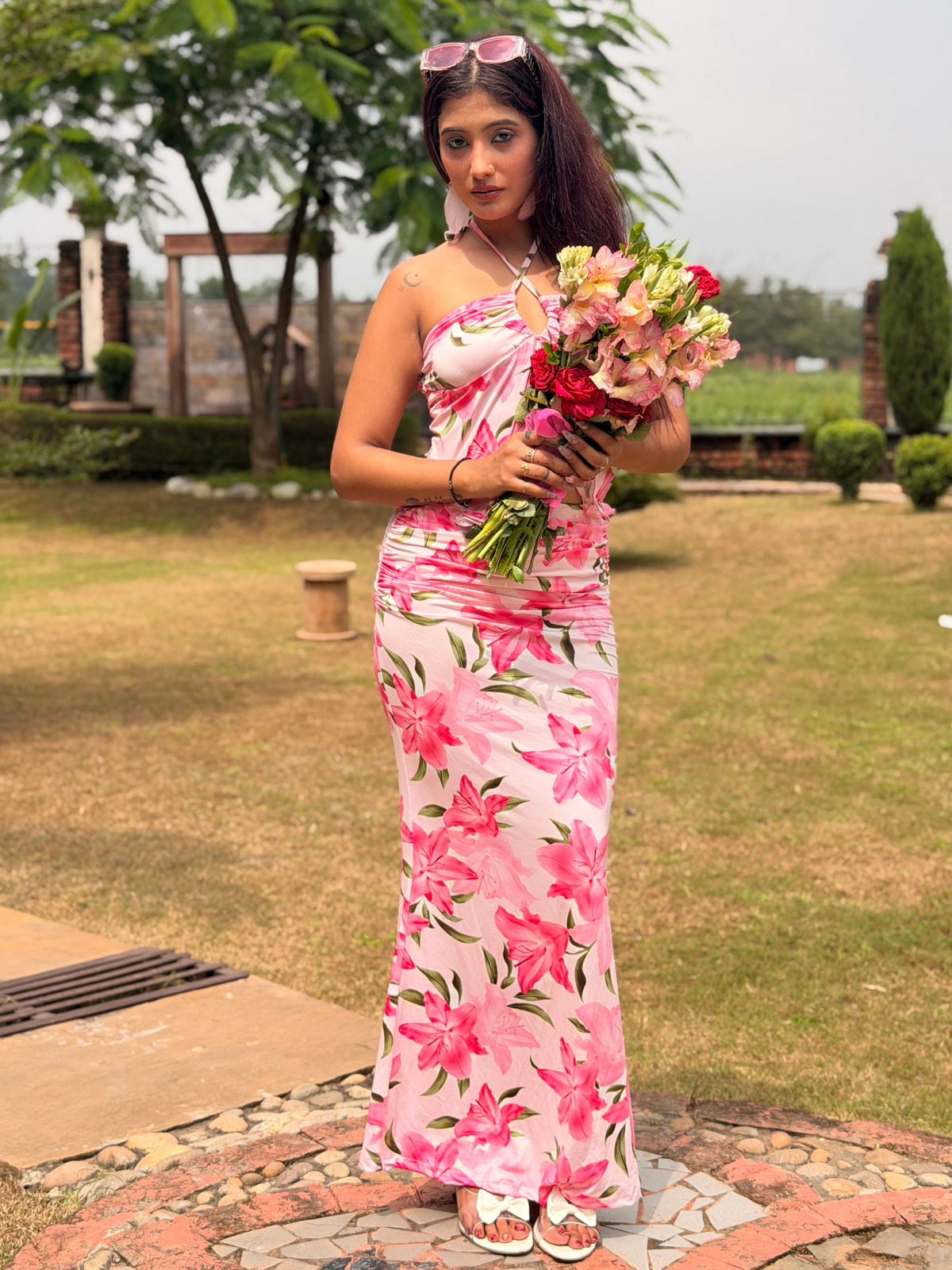 TANDUL Women Tropical Bloom Crop Top & Ruched Skirt Co-ord Set