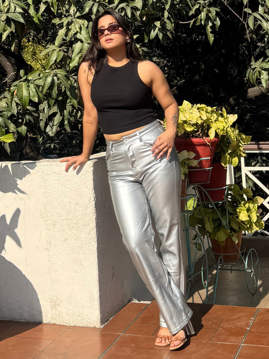 TANDUL  Women Regular Fit Silver Faux Leather Trousers