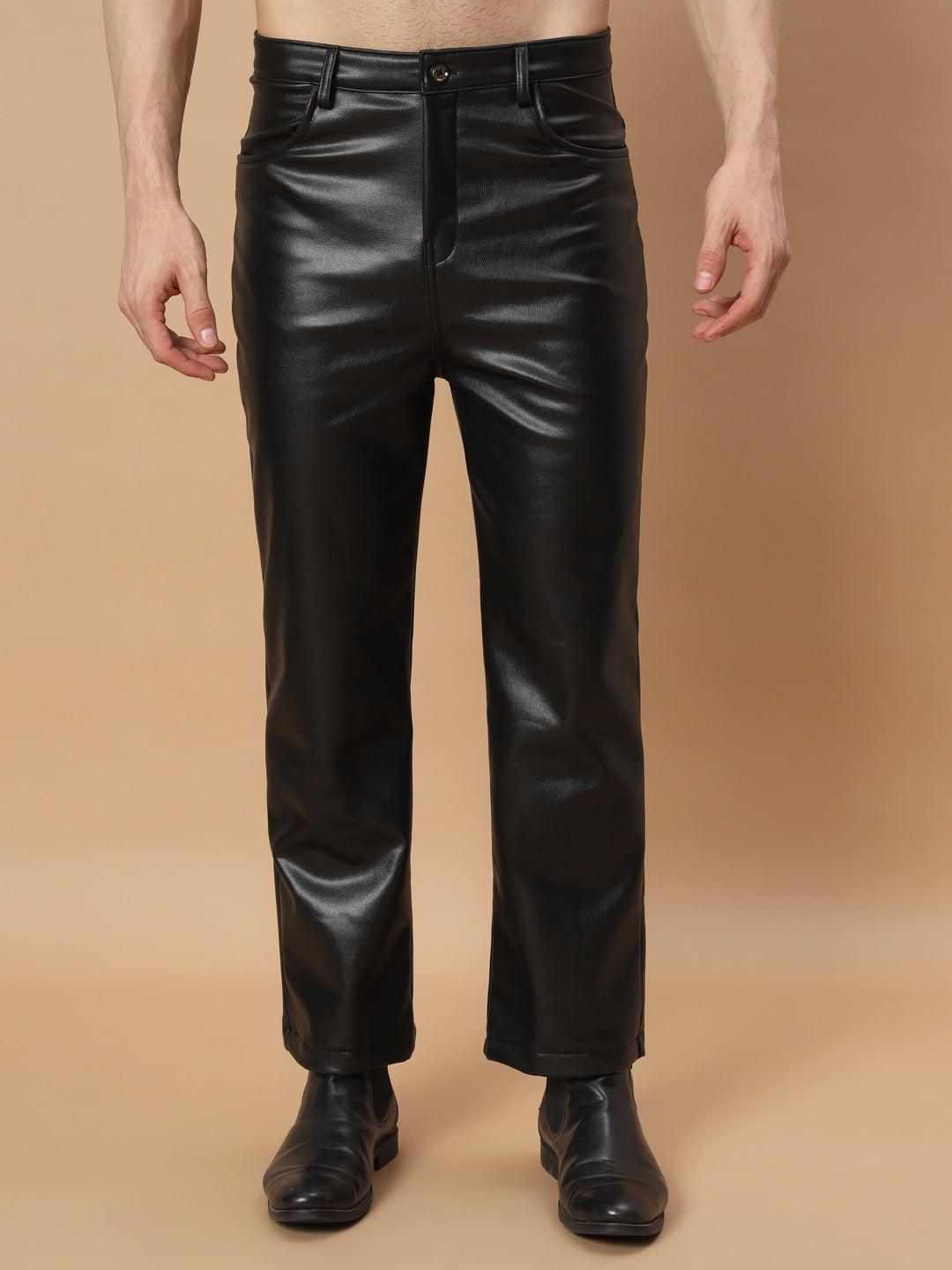 TANDUL  Men Regular Fit Black Faux Leather Trousers