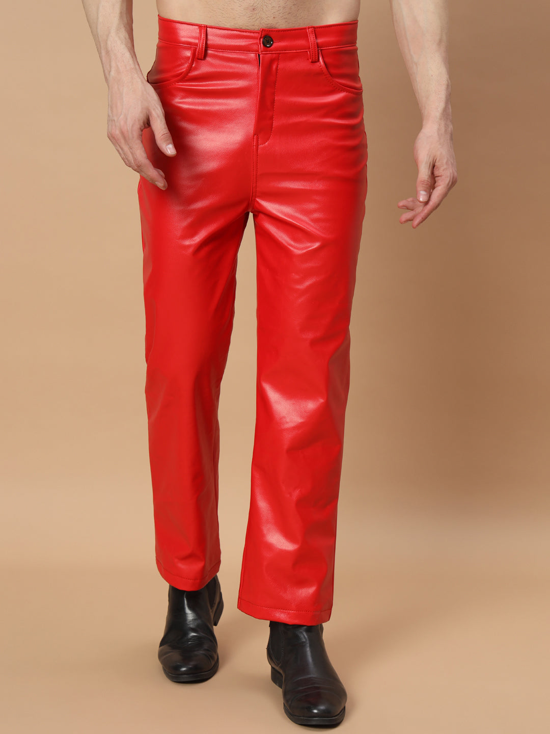 TANDUL  Men Regular Fit Red Faux Leather Trousers