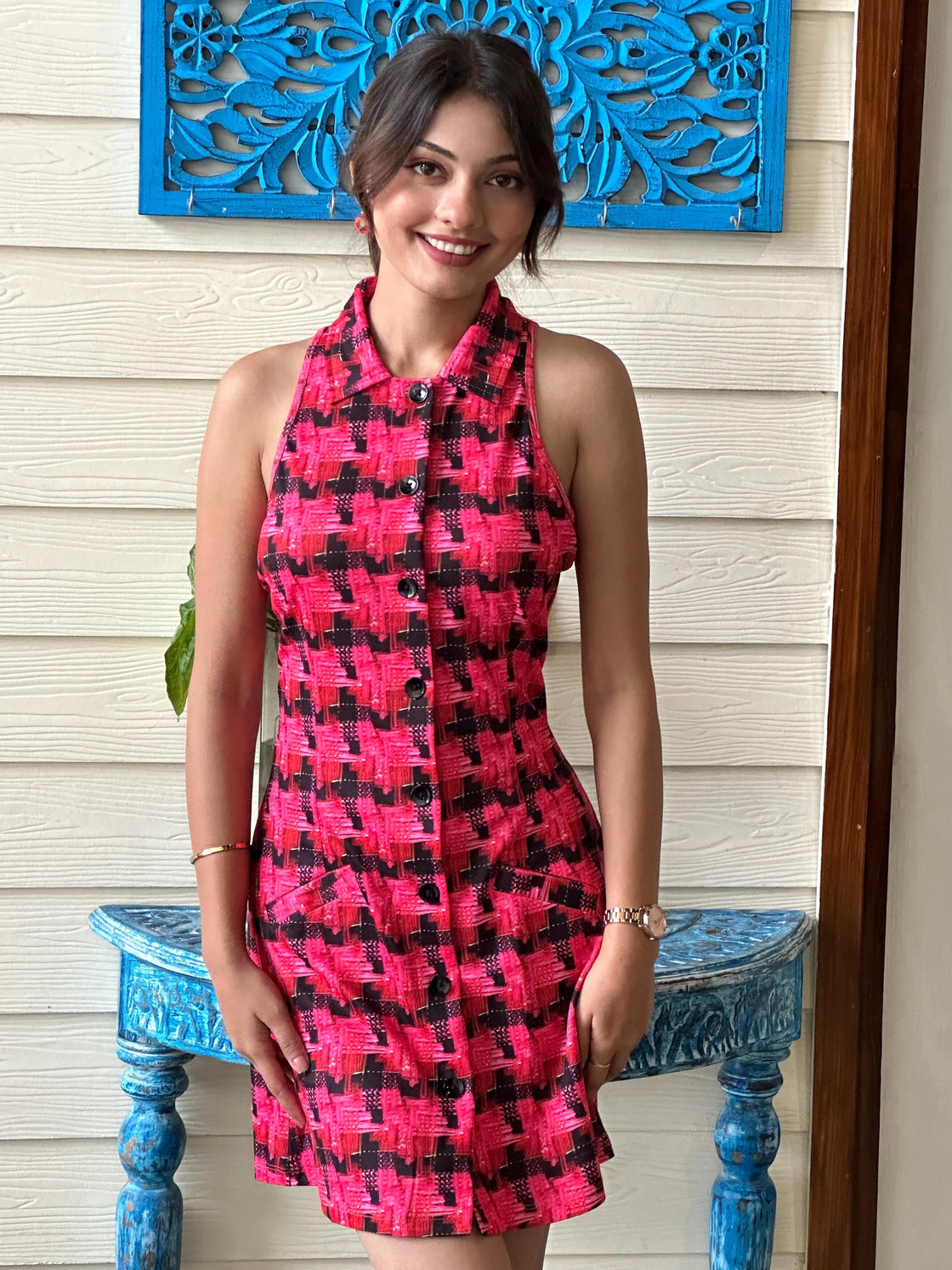 TANDUL Women Chic Pink and Black Pattern Dress