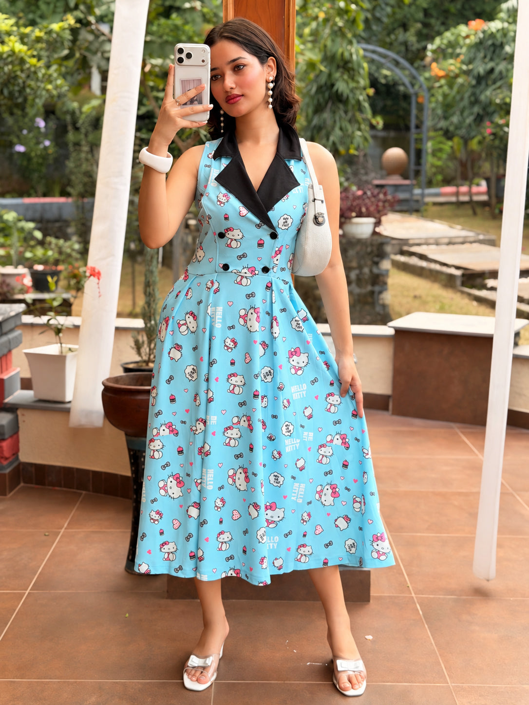 TANDUL Women Retro Hello Kitty Print Double-Breasted Dress