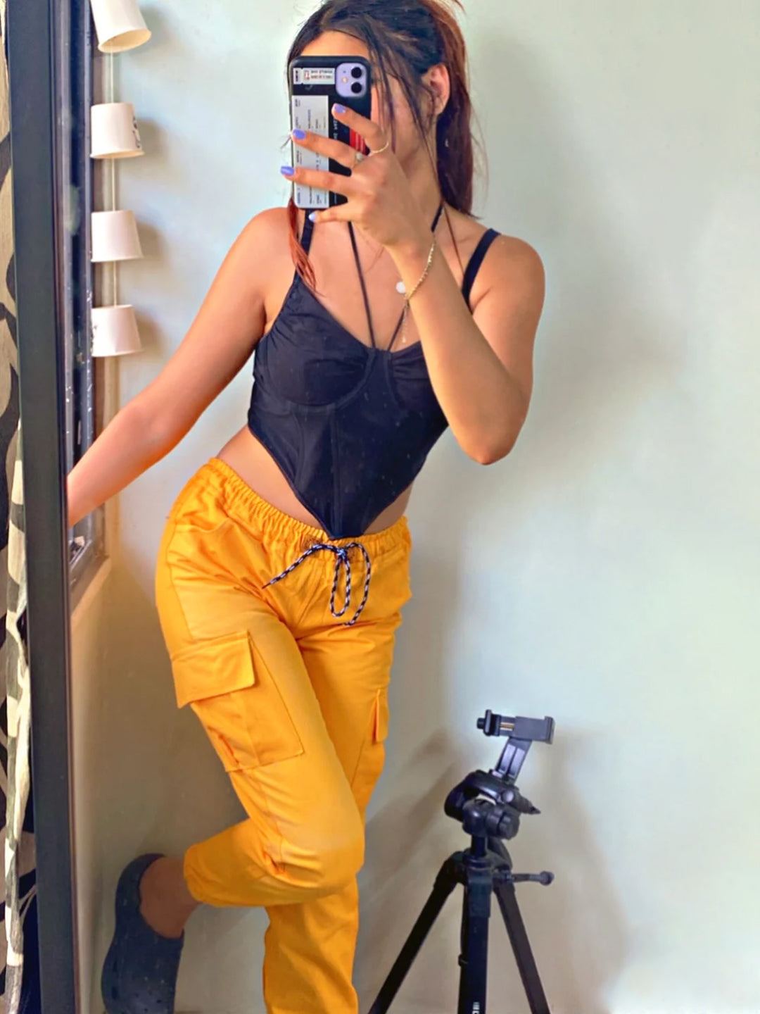 Women Regular Fit Yellow Cotton Blend Trousers