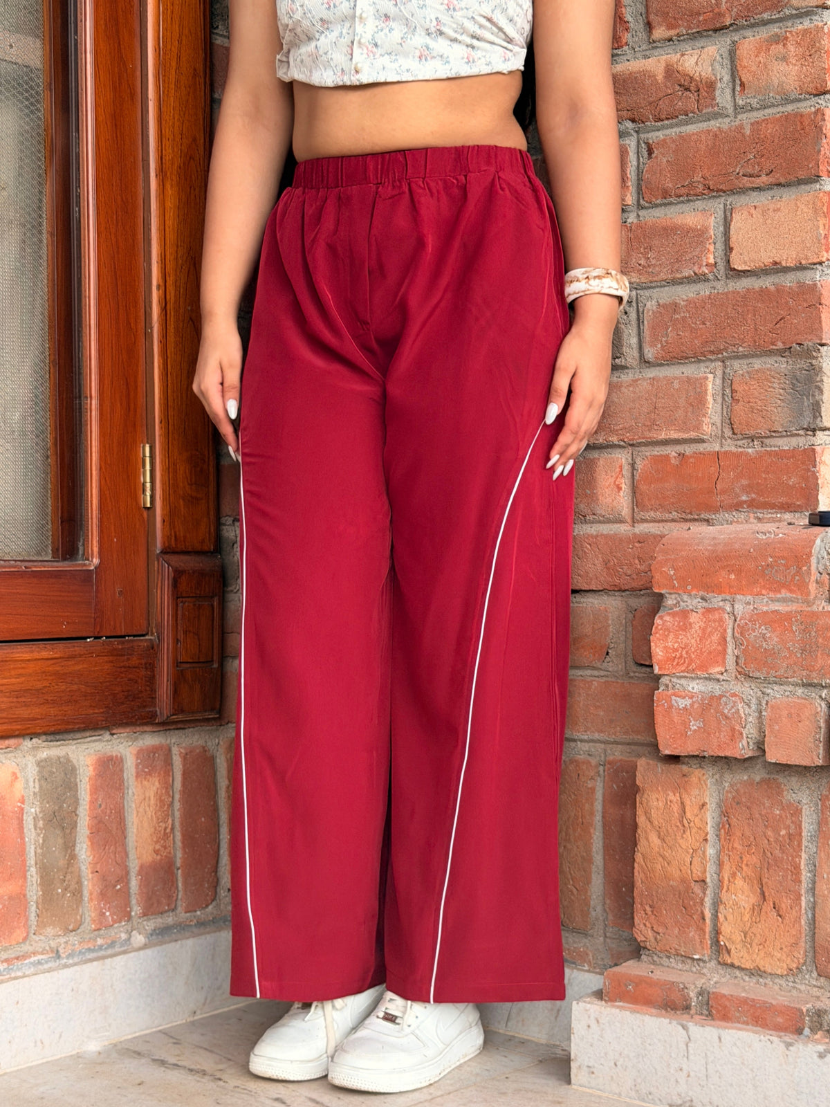 TANDUL Women Maroon Wide-Leg Track Pants with Contrast Piping