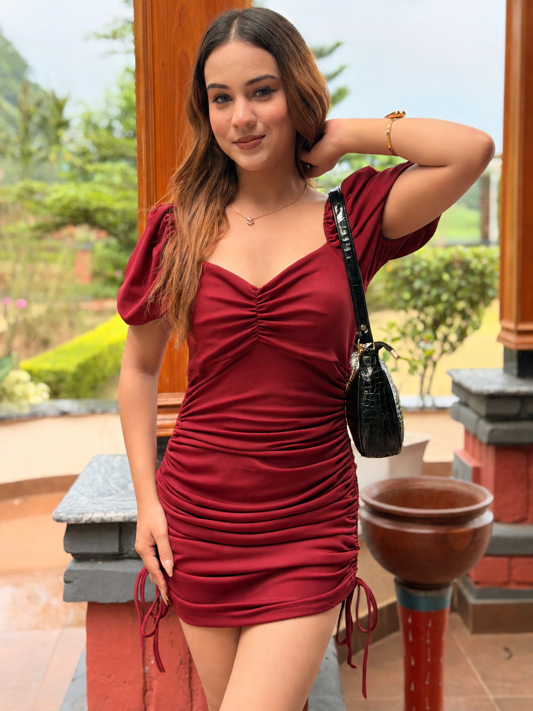 TANDUL Women's Burgundy Ruched Puff Sleeve Mini Dress
