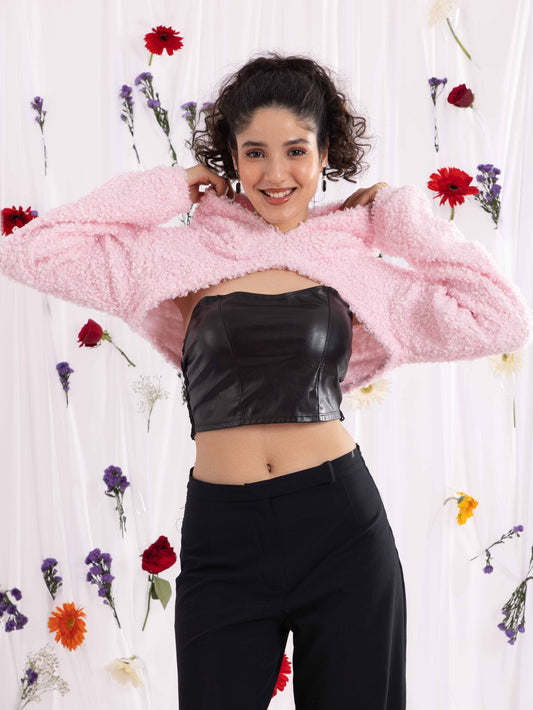 TANDUL Casual Regular Sleeves Solid Women Pink Crop Hoodie